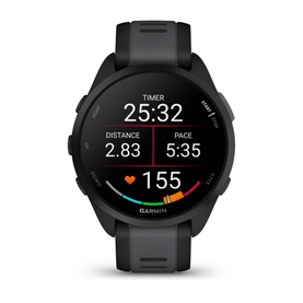 Garmin Forerunner 165 Black & Slate Grey smartwatch displaying running metrics including timer, distance and heart rate on screen