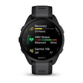 Garmin Forerunner 165 Black & Slate Grey smartwatch displaying Recovery, HRV Status and Garmin 10k metrics on screen