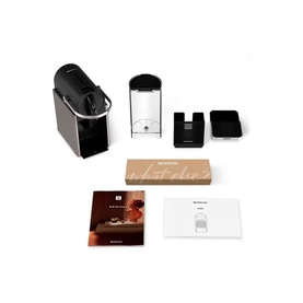 Krups Nespresso Pixie Titanium coffee machine in black, shown with water tank, capsule container, drip tray, and user guides