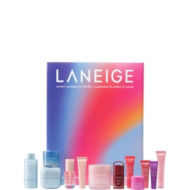 Laneige Advent Calendar Skincare Set with 25 miniature skincare products in gradient pink and blue gift box