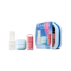 Laneige Beauty All Skincare Set with blue zip pouch, white cleanser, blue cream jar, and pink lip treatment trio