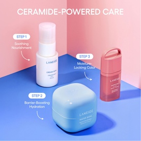 Laneige Ceramide-Powered Care skincare set: cream, cushion compact, and mini serum in blue, white, and pink packaging