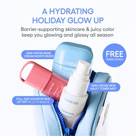 Laneige Hydrating Holiday Glow Up skincare set with moisturiser, lip tint, toner mist, and free travel pouch in blue, pink, and white