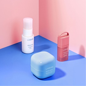Laneige Beauty All Skincare Set featuring foam cleanser, water cream moisturiser, and mini serum in pink and blue packaging