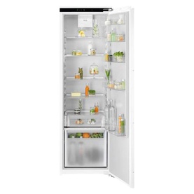 Electrolux Built-In Refrigerator 176.9cm in white, open door revealing multiple shelves stocked with fresh food and drinks