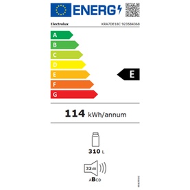 Electrolux Built-In Refrigerator 176.9 cm EU energy label, rated E, 114 kWh/annum, 310L capacity, 32dB noise level.