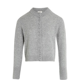 Jigsaw grey cropped cardigan with round neck, button-through front and long sleeves, in fine knit fabric