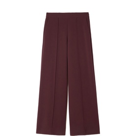 Jigsaw burgundy wide-leg trousers with front seam detail and elasticated waistband, flat lay product shot.