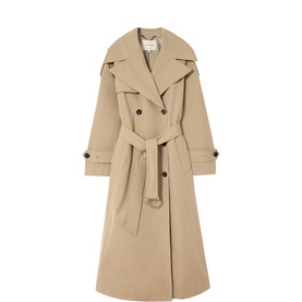 Jigsaw stone double-breasted trench coat with wide lapels, belted waist, and cuffed sleeves, maxi length