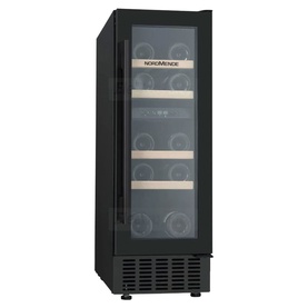 Nordmende 30cm Freestanding/Built In Wine Cooler in black, with glass door, wooden shelves, and multiple wine bottles stored inside.