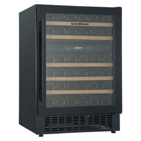 Nordmende 60cm Freestanding or Built In Wine Cooler in black with glass door, wooden shelving, and digital temperature display