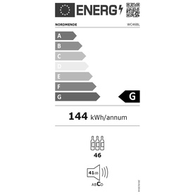 Nordmende 60cm Freestanding or Built In Wine Cooler Black EU energy label rated G, 144kWh/annum, 46 bottle capacity, 41dB noise level