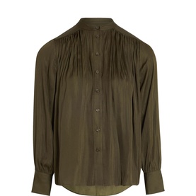 Jigsaw olive blouse with pintuck pleated front, mandarin collar, button placket, and elasticated cuffs