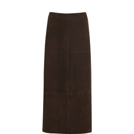 Jigsaw brown suede midi skirt with panel seam detail and straight silhouette