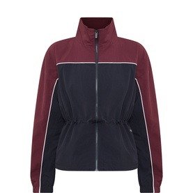 Tala jacket in Americano, colour-block burgundy and navy with zip front, contrast piping, and elasticated waist