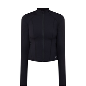 Tala jacket in Shadow Black, zip-through mock neck, long sleeves, seam-detail fitted silhouette, small logo badge at hem