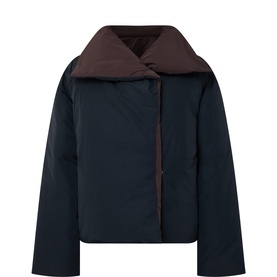 Tala Americano padded jacket with contrast wide lapel collar and asymmetric button fastening, navy and brown colourway