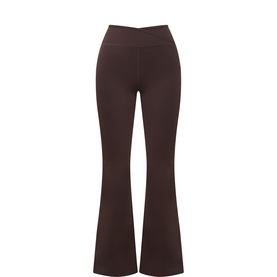 Tala Americano flared high-waist leggings in deep brown stretch fabric with wide waistband and flared leg opening