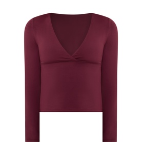 Tala burgundy long-sleeve crop top with V-neckline and twist-knot bust detail, in stretch nylon-elastane fabric