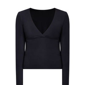 Tala top in Shadow Black, long-sleeve, deep V-neckline with twist detail and empire-line seam, nylon-elastane fabric