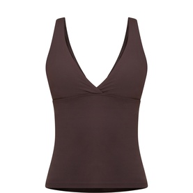 Tala vest in Americano, deep V-neckline with twist detail at bust, sleeveless, smooth stretch fabric