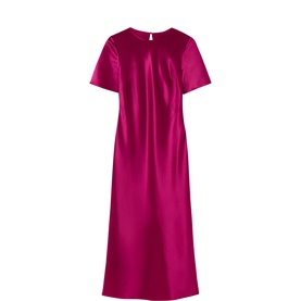 Whistles pink satin midi dress with short sleeves, round neck, and keyhole back detail, shown flat on white background