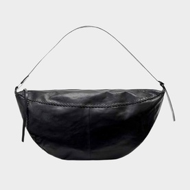 All Saints black leather slouch shoulder bag with whipstitch trim, silver-tone zip pull, and single strap
