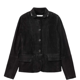All Saints black suede leather jacket with button front, spread collar, and two front patch pockets