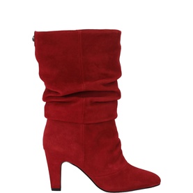 Red suede mid-calf heeled boots with ruched shaft detail and pointed toe, block heel