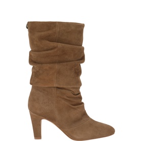 Kurt Geiger London beige suede ruched mid-calf boot with block heel and round toe, no model