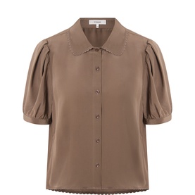 FRAME DENIM Deep Olive blouse with puff sleeves, lace-trim collar, and button-front fastening