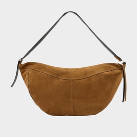 All Saints golden brown suede half-moon shoulder bag with dark leather strap and tassel zip detail