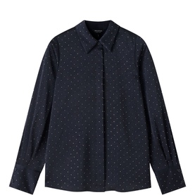 Whistles blue long-sleeve shirt with allover metallic spot print, classic collar, and concealed button placket