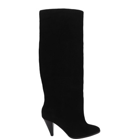 Black suede knee-high boots with cone heel and pointed toe, displayed upright on white background