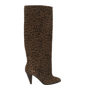 Kurt Geiger London knee-high boots in brown leopard-print haircalf, cone heel, pointed toe, no model present