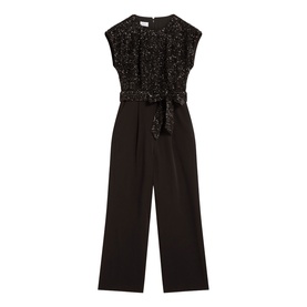 Hobbs black sequin top jumpsuit with tie waist belt and wide-leg trousers, sleeveless style