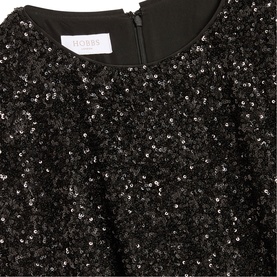 Hobbs black sequin dress with round neckline and zip back detail, close-up showing allover sequin embellishment