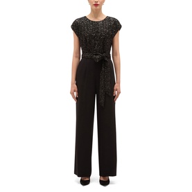 Model wearing Hobbs black sequin-top jumpsuit with wide-leg trousers and self-tie belt, styled with black heels.