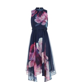 Phase Eight blue floral chiffon midi dress with high neck, sleeveless design, self-tie belt, and asymmetric handkerchief hem