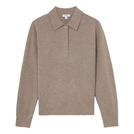 Reiss beige knitted polo sweater with long sleeves, collar, and three-button placket