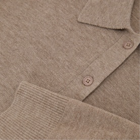 Reiss beige fine-knit polo neck jumper detail showing button placket and ribbed cuff