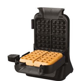 Ninja Belgian Waffle Maker in silver-black with open non-stick waffle plates, showing freshly cooked golden waffles inside