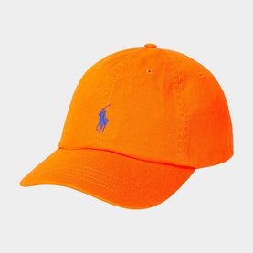 Polo Ralph Lauren orange baseball cap with blue embroidered polo pony logo on crown, structured brim