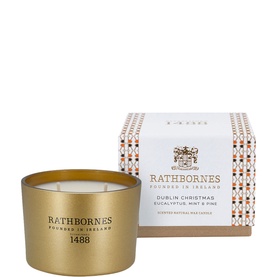 Rathbornes Dublin Christmas Scented Candle 190g in gold vessel with two wicks, shown with decorative gift box