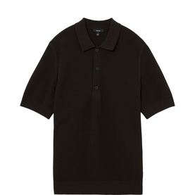 Reiss chocolate brown knitted polo shirt with three-button placket and short sleeves