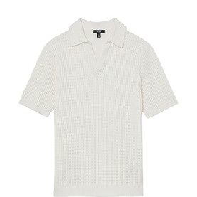 Reiss white waffle-knit polo shirt with open collar and short sleeves, no buttons