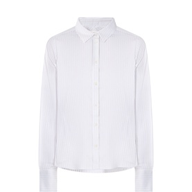 Selected Femme shirt in Avocado Oil, long-sleeve button-front design with subtle stripe texture and point collar.