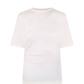 Selected Femme Egret T-Shirt with asymmetric draped front detail and short sleeves, crew neck, in off-white