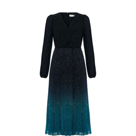 Phase Eight Black Multi ombr&eacute; sequin midi dress with V-neckline, long sleeves, and pleated skirt graduating to teal