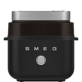 Smeg Air Fryer in matte black with silver control button and stainless steel lid, front-facing view